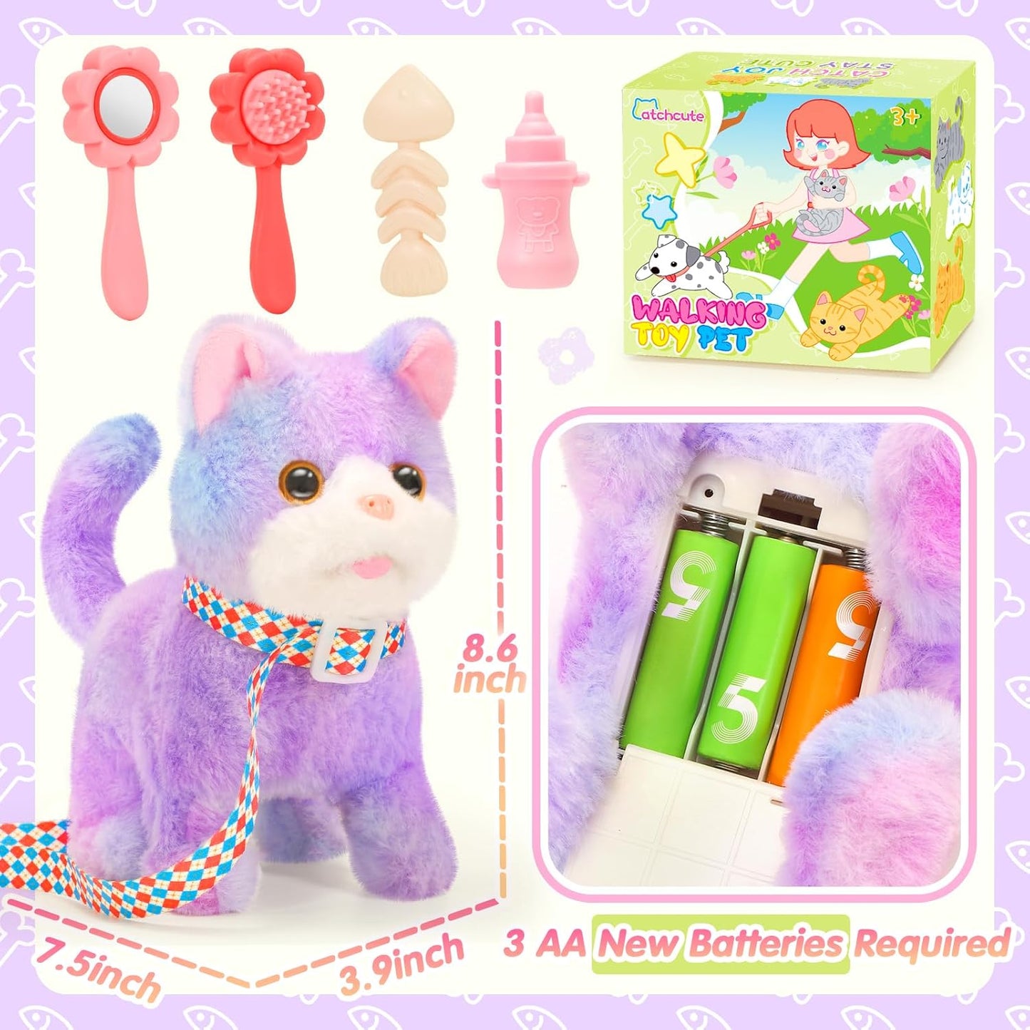 Plush Toys Cat for Kids with Leash, Interactive Electronic Kitty That Walking,Meowing,and Tail Wagging, Pretend Play Realistic Cat Christmas Birthday Gifts for Boys and Girls