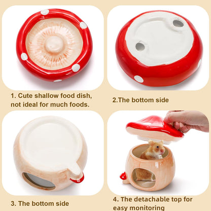 Hacaroa 3 Pack Ceramic Hamster Hideout, Mushroom Shape Guinea Pig Food Bowl Cute Water Bottle with Stand, Cool Hamster Bed House Small Animal Cage Accessories for Dwarf Hamsters, Mice, Gerbils