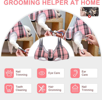 BEAUTYZOO Dog Grooming Hammock for Small Dogs Cat- Dog Sling for Nail Trimming/Clipping- Dog Hanging Harness Holder with Thick Fabric Neck Support & Strap Restraint Claw Care, Pink XS