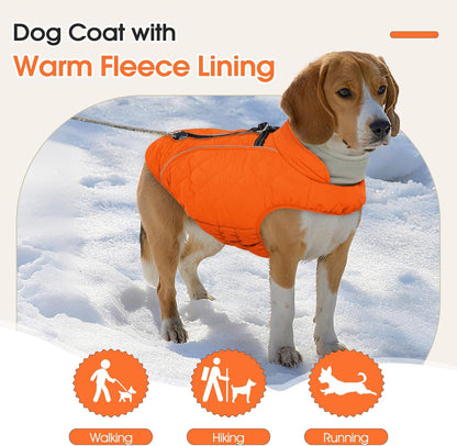 Dog Coat with Harness Built in -Orange,Medium- Fleece Lined Dog Snow Jacket Snowsuit，Adjustable Reflective Winter Warm Cold Weather Coat