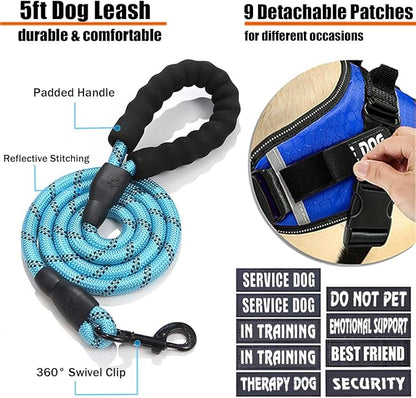 Service Dog Vest, 9 Dog Patches No Pull Dog Harness and Leash Set with Handle,Easy On and Off Pet Vest Harness with Night Safe Reflective Straps for Small Medium Large Breed Dogs