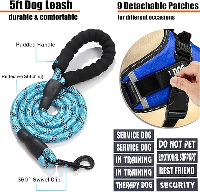 Service Dog Vest, 9 Dog Patches No Pull Dog Harness and Leash Set with Handle,Easy On and Off Pet Vest Harness with Night Safe Reflective Straps for Small Medium Large Breed Dogs