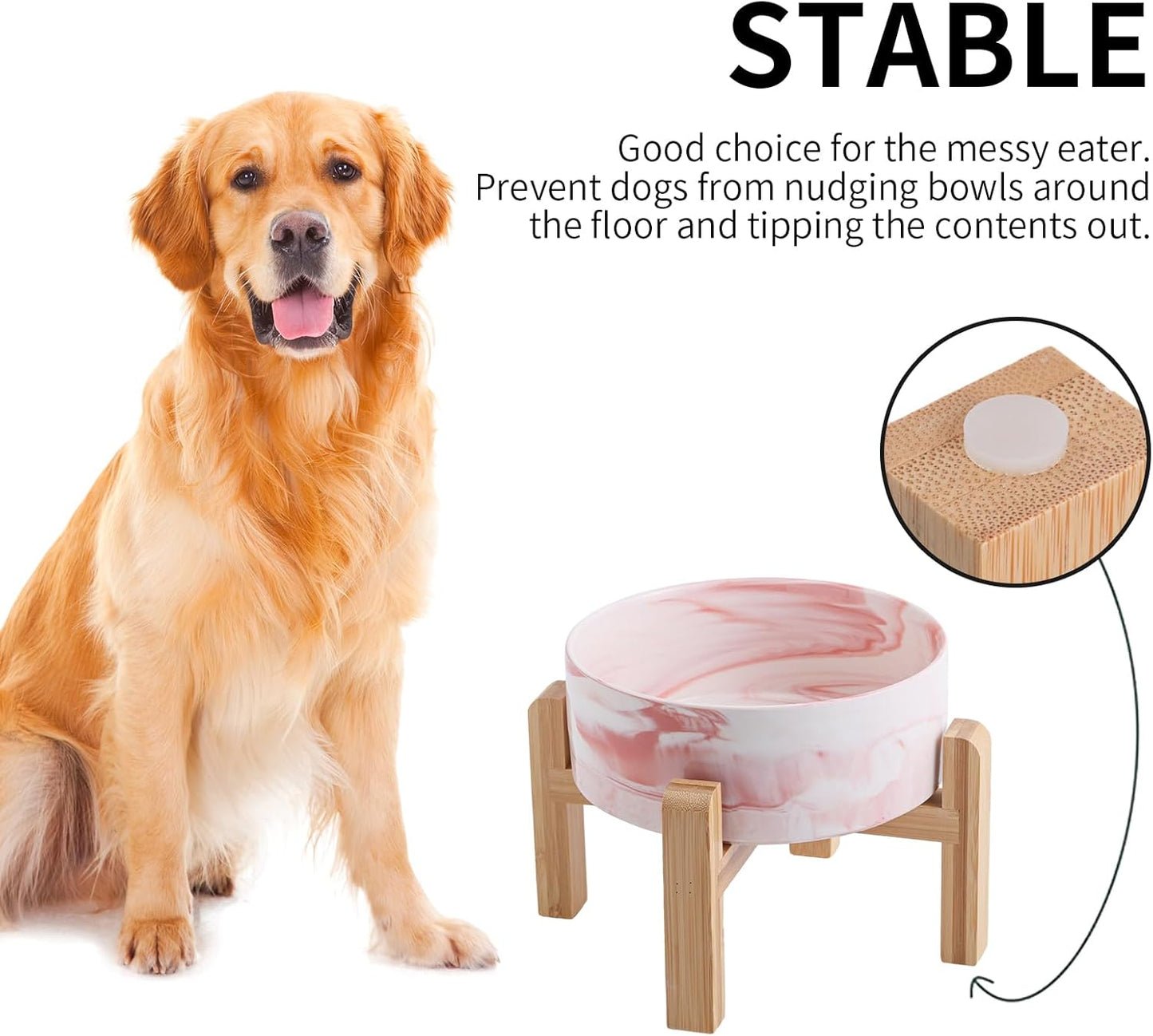 Elevated/Raised Dog Bowl Ceramic for Medium Large Sized Breed,Dog Food Water Bowl with Stand,8 in 7.6 Cups Non Slip Heavy Weighted Marble Pink