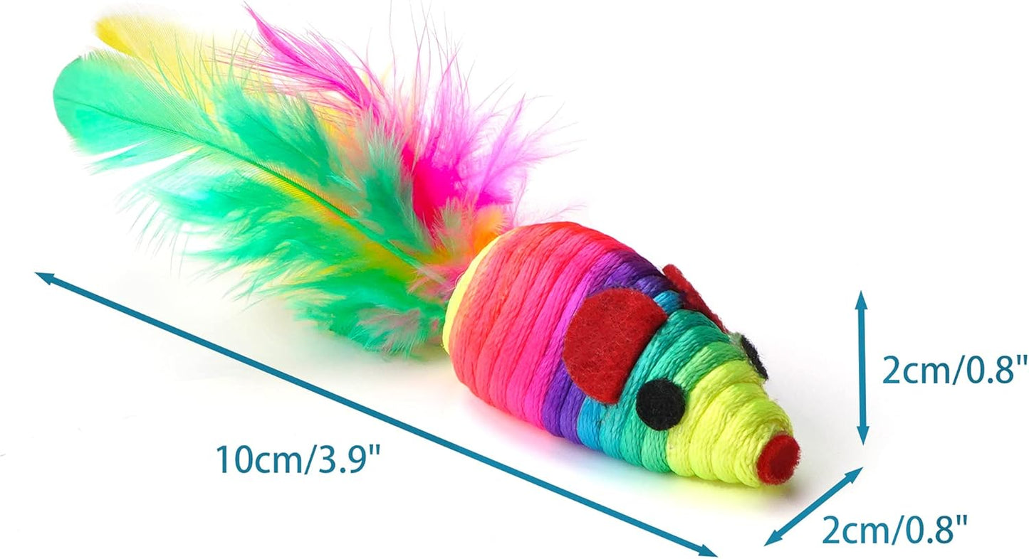 CHIWAVA 24PCS 5" Rattle Cat Toys Mice with Feathers Rainbow Rope Mouse Kitten Interactive Toy Assorted Color