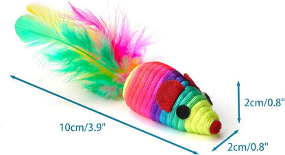 CHIWAVA 24PCS 5" Rattle Cat Toys Mice with Feathers Rainbow Rope Mouse Kitten Interactive Toy Assorted Color