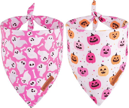 ADOGGYGO Halloween Dog Bandana, Pink Pumpkin Ghost Pet Scarf, Premium Durable Fabric, Adjustable Fit Female Halloween Bandanas for Small Dogs Puppies Cats (Small)