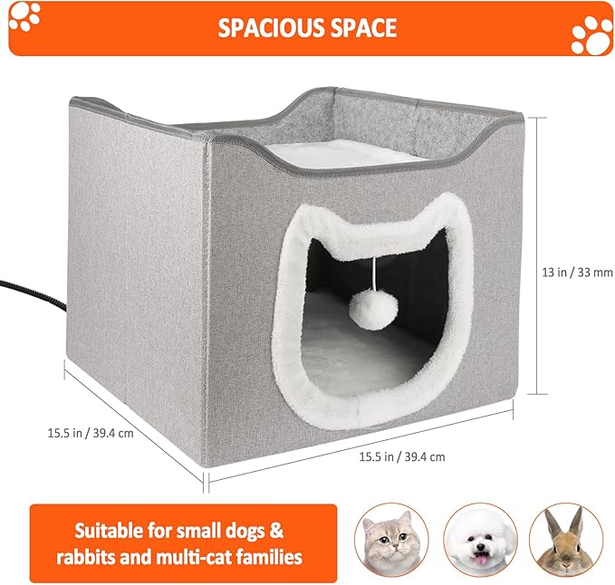 Heated Cat House for Indoor Cats - Heated Cat Bed Cave with Fluffy Ball and Scratch Pad, Foldable Cat Hideaway, Covered Cat Bed for Large Cats Kittens Small Pet