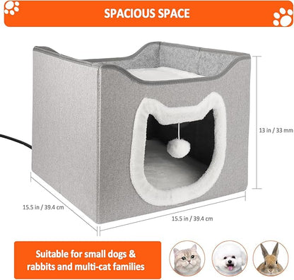 Heated Cat House for Indoor Cats - Heated Cat Bed Cave with Fluffy Ball and Scratch Pad, Foldable Cat Hideaway, Covered Cat Bed for Large Cats Kittens Small Pet
