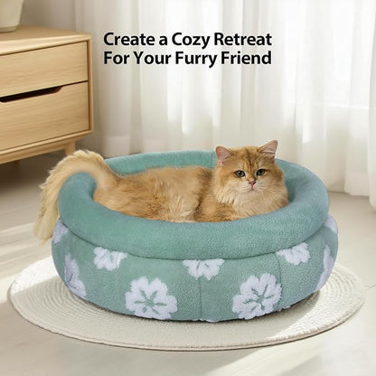 BALANCE Cat Beds for Indoor Cats, Washable Round Cat Bed, Cute 3D Flower Kitten Bed with Anti-Slip Bottom for Puppy and Kitten, 20 Inches, Green