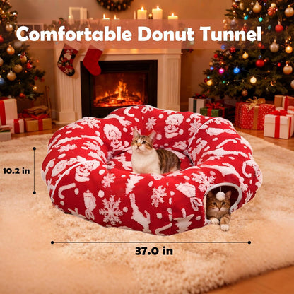 Cat Tunnel Christmas Tree Skirt for Indoor Cats with Bed,Christmas Cat Tunnel Peekaboo Cave Play Christmas Tree Cat Tunnels,Cute Cat Donut Toys Tunnel Skirt Hideout Under Tree