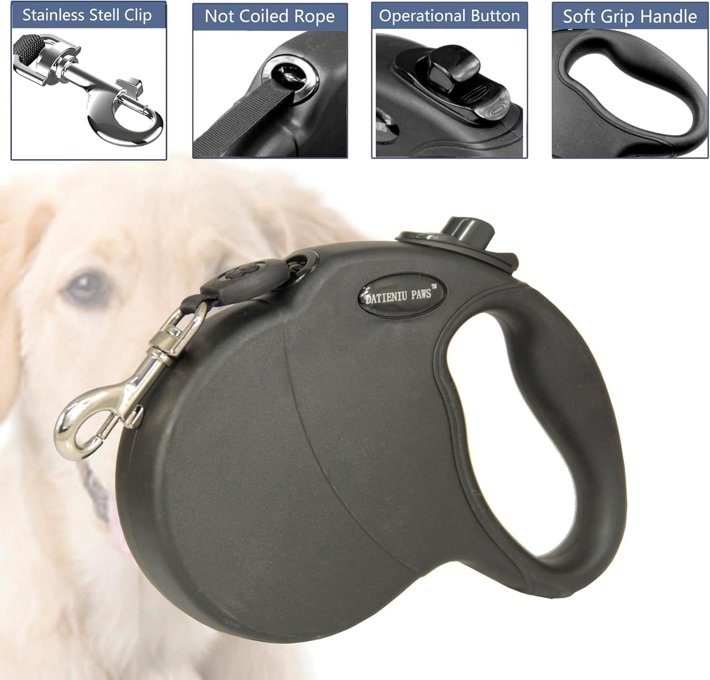 Retractable Dog Leash Hands-Free Adjustable Length 16ft with Safety Lock Durable Nylon Belt for Small Medium Large Dogs Easy Walk Training Portable Dog Leash Black L