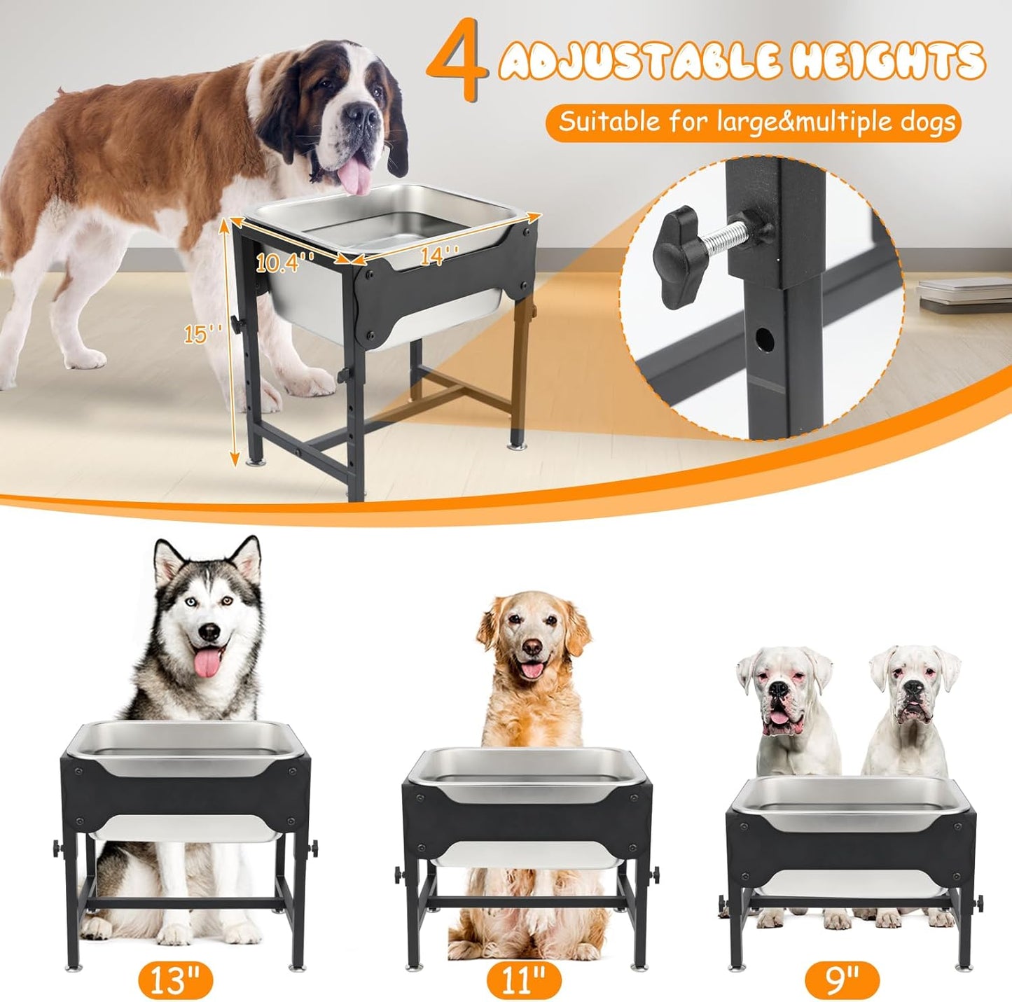 BWOGUE 3 Gal Elevated Large Dog Water Bowl, Raised Stainless Steel Bowl Stand Large Breed, 4 Height Adjustable (9", 11", 13", 15") Non-slip Dog Feeding Station for Joint Pressure Relief Indoor Outdoor