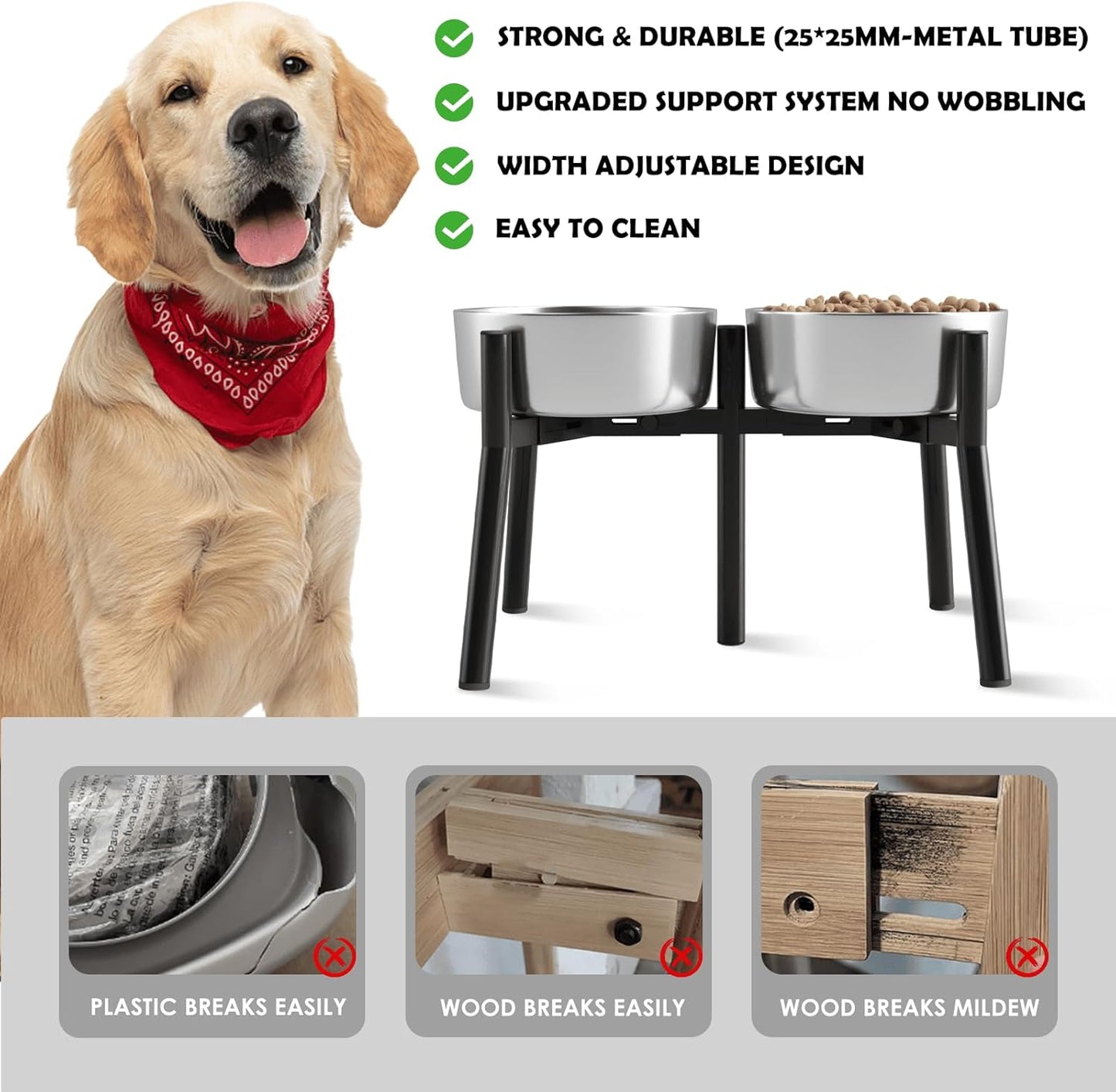 Adjustable Raised Dog Bowl Stand for Medium & Large Dogs – 11" Tall Elevated Feeder Fits 7–10.6" Wide Bowls, 2-in-1 Dog Food & Water Bowl Holder (Bowls Not Included)