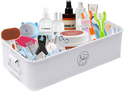 Premium 4-Compartment Dog Grooming Organizer,Metal Caddy for Pet Stuff with Handle-Powder Coated Storage Bin for Dog Cat Grooming Kit,Clippers,Brushes,Scissors & Supplies-White