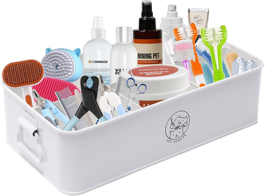 Premium 4-Compartment Dog Grooming Organizer,Metal Caddy for Pet Stuff with Handle-Powder Coated Storage Bin for Dog Cat Grooming Kit,Clippers,Brushes,Scissors & Supplies-White