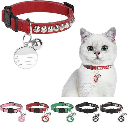 Leather Personalized Breakaway Cat Collar with Studded Bell and Safety Quick Release Buckle - Rivets Studded ID DIY Collars for Boy Girl Cats Kittens, 9" - 11.5" Red