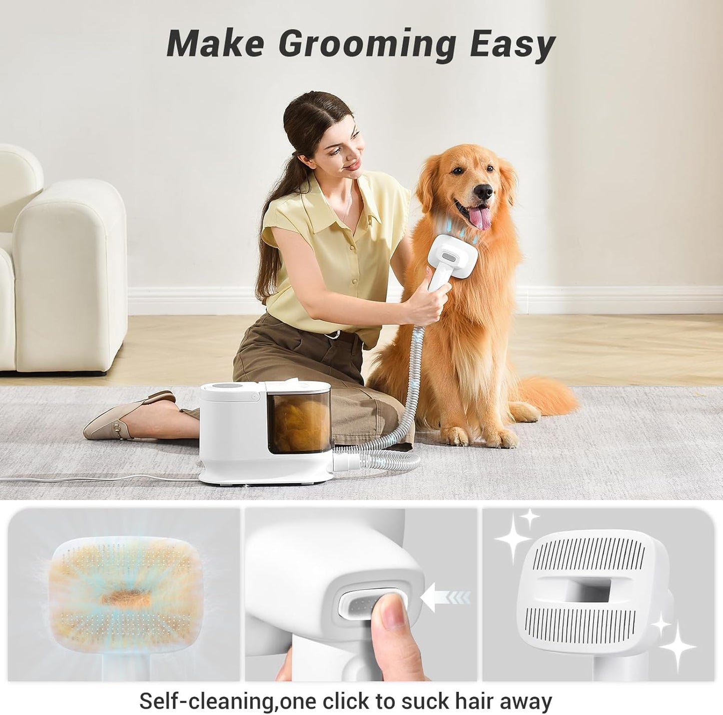 Bunfly Dog Grooming Kit & Dog Hair Vacuum, 3.5L Capacity Pet Grooming Vacuum with 13000kpa Strong Suction 99% Pet Hair,17 Tools Shedding Pet Hair, Home Cleaning -White