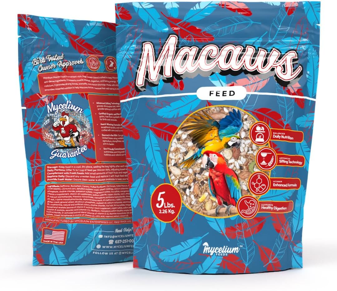 Mycelium Organic Macaw Bird Food (5 LB Bag) | Premium Seed, Pellet & Kibble Blend for Large Parrots | High-Protein, Digestive & Feather Support | Non-GMO, USA-Grown