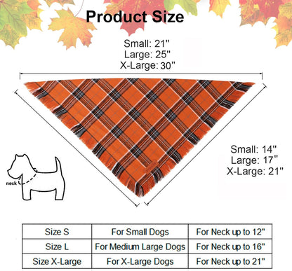 PTDECOR Fall Dog Bandanas with Tassels Edges, Orange and Brown Plaid Scarf Bib, Halloween Thanksgiving Autumn Pet Bandana, Reversible Triangle Bandanas for Medium Large Dogs Pets (Large)
