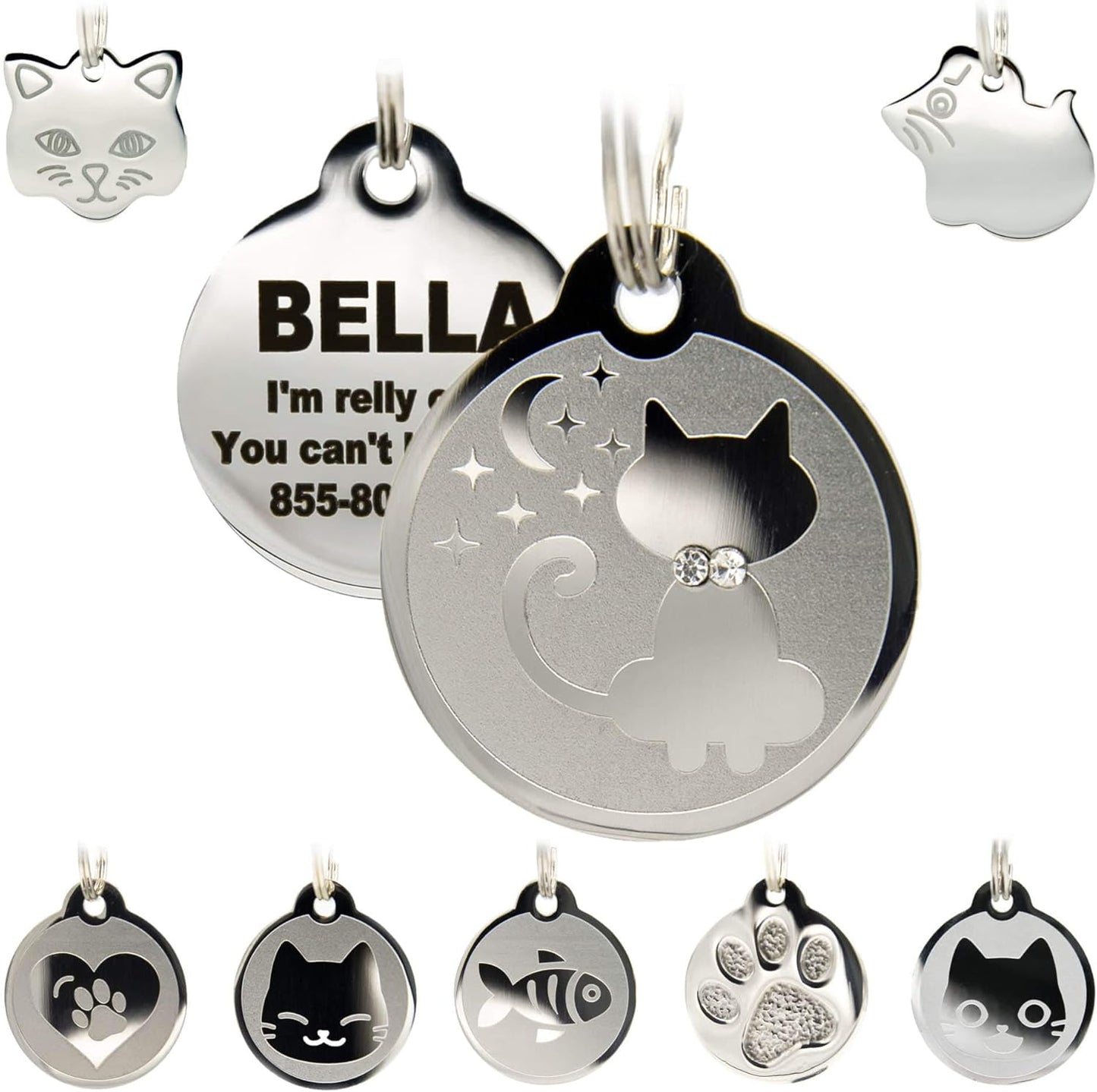 Stainless Steel Cat ID Tags - Engraved Personalized Cat Tags includes up to 4 Lines of Text with Kitty Shape