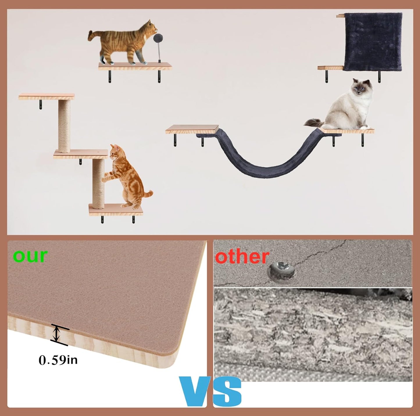 Wall Mounted Cat Climber Set, Solid Wood Cat Wall Shelves with Scratching Post,Hammock,Jumping Boards,Steps,Condo and Felt Pads, Suit for Cats Climb, Jump, Nap, Scratch-Dark