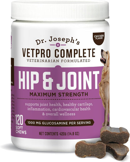 Dr. Joseph's VetPro Complete Dog Hip and Joint Supplement, 120 Count, Chicken Flavored Pain and Inflammation Relief Chews with Glucosamine, Chondroitin, MSM, Turmeric, Vitamin C, Omega 3