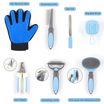 Wisedog Pet Grooming Tool Kit - Nail Clipper Set, Dematting & Grooming Combs, Bath Brush, Hair Removal Mitts (Upgraded Blue)
