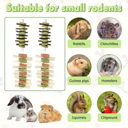 Hamiledyi 4PCS Bunny Chew Toys Rabbit Hanging Toys for Teeth Grinding Natural Apple Wood Sweet Bamboo Sticks Timothy Grass&Carrot Cake for Chewing/Improving Rodent Animals Dental Health