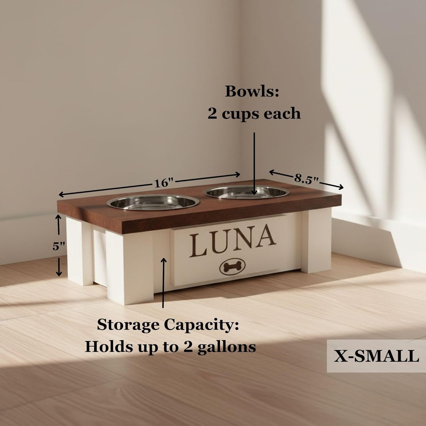 GrooveThis Woodshop - Personalized Elevated Dog Bowl Stand for Large, Medium, Small, X-Small Dogs - Stainless Steel Food and Water Bowls - Raised Dog Dish with Internal Storage (X-Small, Magenta)