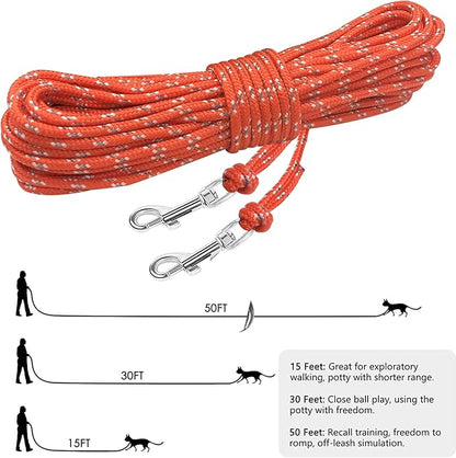 Rypet Reflective Cat Long Leash - 50 FT Escape Proof Walking Leads Yard Long Leash Durable Safe Personalized Extender Leashes Traning Play Outdoor for Kitten, Puppy, Rabbit and Small Animals