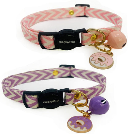 2 Pack Cotton Breakaway cat Collars with Bell,Safety Quick Release Pendant Cute Kitten Collar,Adjustable 20-30cm (Pink+Lilac, 20-30cm)
