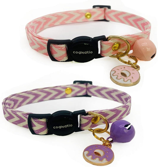 2 Pack Cotton Breakaway cat Collars with Bell,Safety Quick Release Pendant Cute Kitten Collar,Adjustable 20-30cm (Pink+Lilac, 20-30cm)