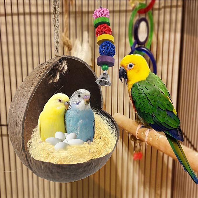 kathson Natural Coconut Shell Bird Nest,Hanging Coconut for Birds Parakeet Coconut Hut Coco Shell Bird House Cage Accessories Decoration for Parrots Lovebird Parakeets Finch Canary