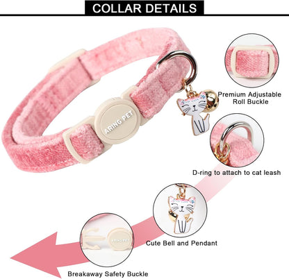 ARING PET 2 Pack Cat Collar-Cute Cotton Cat Collar with Bell & Pendant, Adjustable Pink Khaki Kitten Collars with Safety Buckle for Girl and Boy Pets