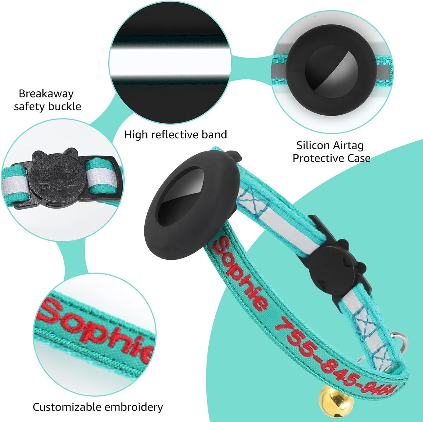 Airtag Cat Collar, Personalized Nylon Breakaway Cat Reflective Collar Embroidered with Pet Name and Phone Number with Waterproof Airtag Holder Case and Bell (with Silicone Airtag Protective Case)