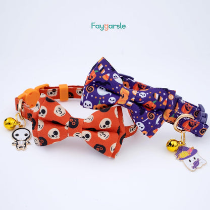 Faygarsle 2 Pack Cute Seasonal Cat Collar for Halloween and Fall Breakaway Collar with Bells Bowtie Cute Patterns for Female and Male Cats Orange Purple Cat Collar