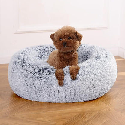 Amazon Basics Donut Pet Bolster Faux Fur Bed for Dog, Grey, 23" x 23"