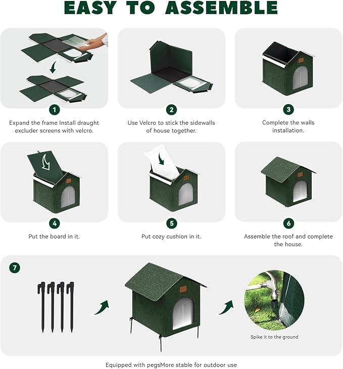 Outdoor Cat House Feral Cat Shelter,Outside Waterproof Cat House for Outdoor/Indoor Cats, Insulated Cat Bed for All Seasons with Cozy Cushion Easy to Assemble (Olive Green, floor spike style)