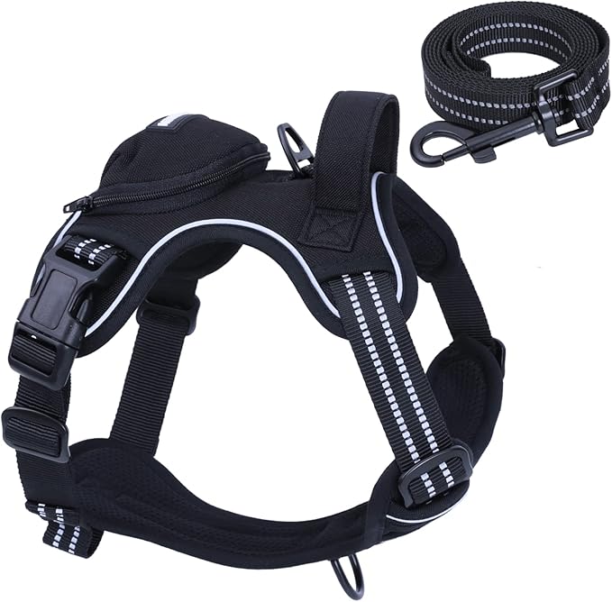 No Pull Dog Harness for Medium Dogs, Adjustable No Choke Pet Vest with Dog Leash Fit Smart Reflective Pet Walking Harness for Training Easy Control Soft Handle Black L