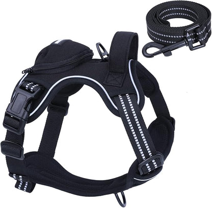 No Pull Dog Harness for Medium Dogs, Adjustable No Choke Pet Vest with Dog Leash Fit Smart Reflective Pet Walking Harness for Training Easy Control Soft Handle Black M