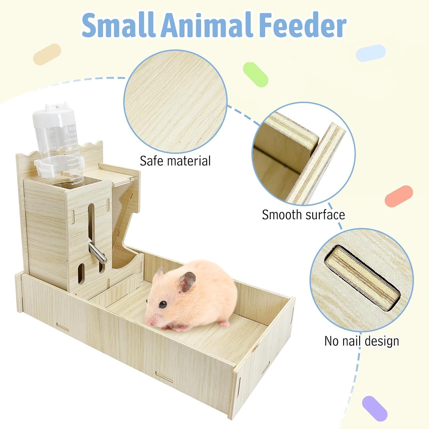 Hamiledyi 3 in 1 Wooden Hamster Feeder Dispenser Hanging Dwarf Hamster Food Bowl & Water Bottle with Removable Litter Box Small Animal Feeder for Hamsters Mouse Gerbil (11" x 5.7" x 7.5")