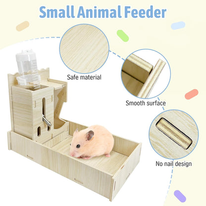 Hamiledyi 3 in 1 Wooden Hamster Feeder Dispenser Hanging Dwarf Hamster Food Bowl & Water Bottle with Removable Litter Box Small Animal Feeder for Hamsters Mouse Gerbil (11" x 5.7" x 7.5")