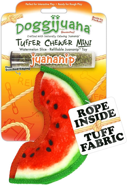 Doggijuana Tuffer Chewer Mini Plush Dog Toy | Funny Dog Toy Plush with Juananip Catnip for Dogs | Calming Aid for Dogs | Interactive Squeaky Chew Toy for Play (Watermelon Slice)