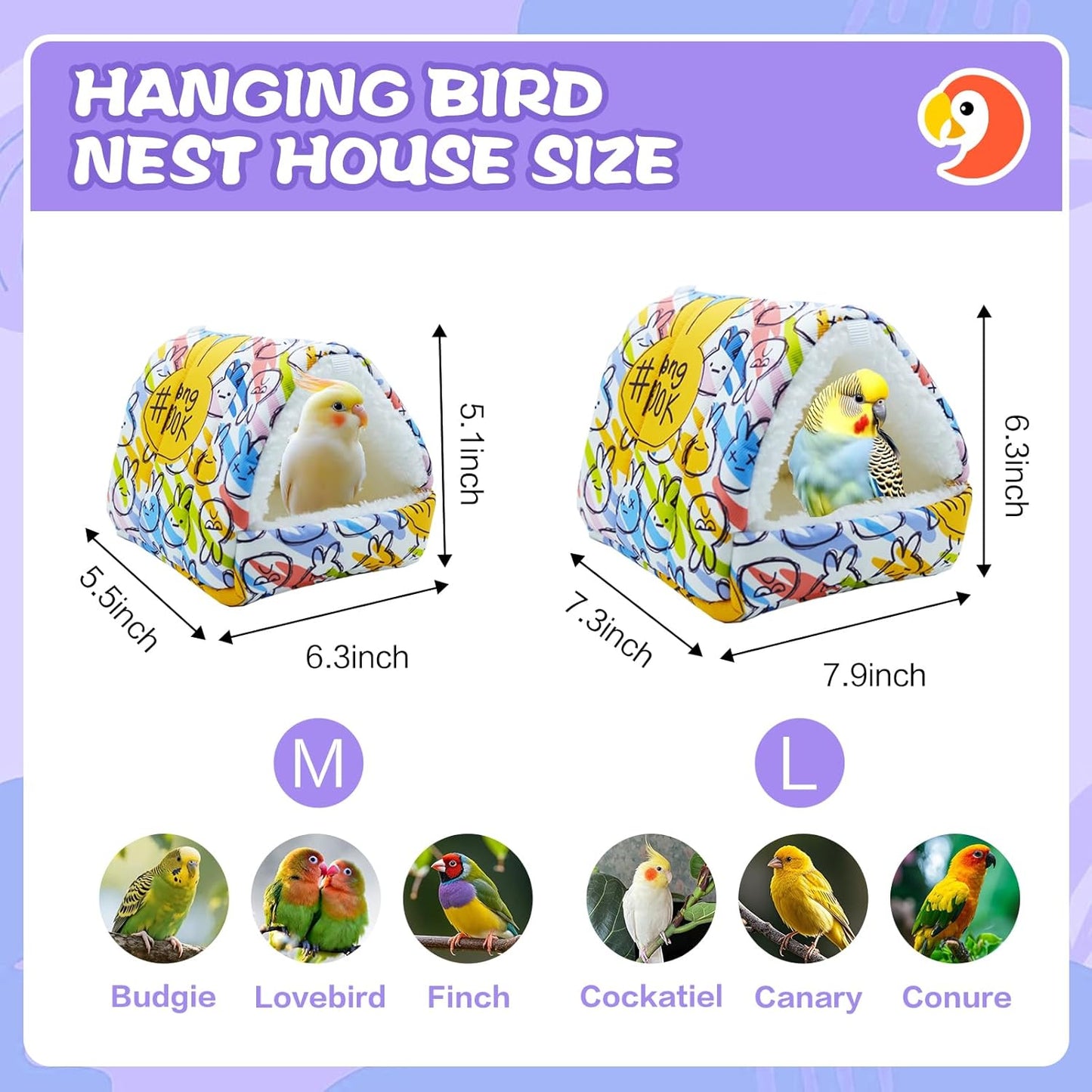 SUSOO Plush Warm Bird Nest House - Hanging Snuggle Bed Velvet Shed Hut Cage Fluffy Hideaway Winter Sleeping Hammock for Parrot Parakeet Conure Cockatiel Budgies Lovebird (Colorful, M)