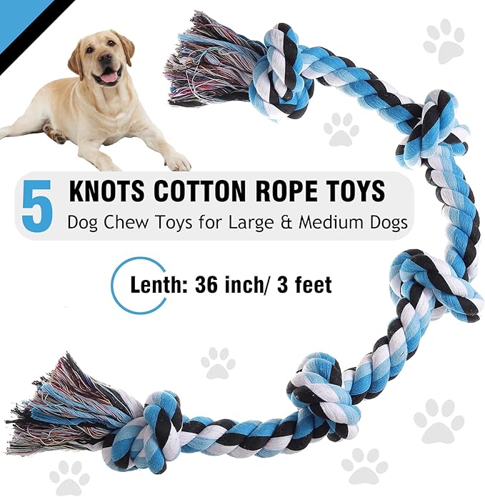 Dog Rope Toys for Large Dogs Aggressive Chewers, Dog Chew Toys for Large Breed Indestructible, Heavy Duty Tough 3 Feet 5 Knots Dog Toy, Sturdy Rope toy for Dogs Tug of War Dog Toy Teeth Cleaning