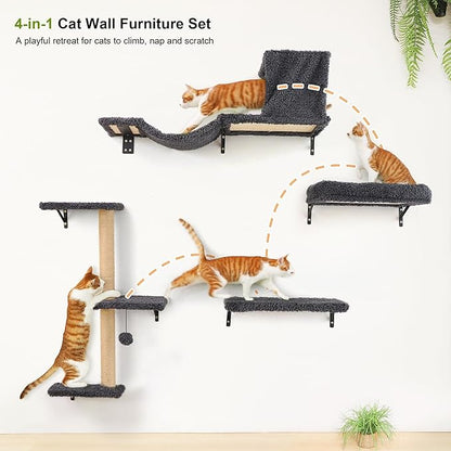 FUKUMARU Cat Wall Shelves, Stable & Safe 4 in 1 Cat Furniture Set, Wooden Climbing Wall with Scratching Post for 16 Inch Drywall - Gray