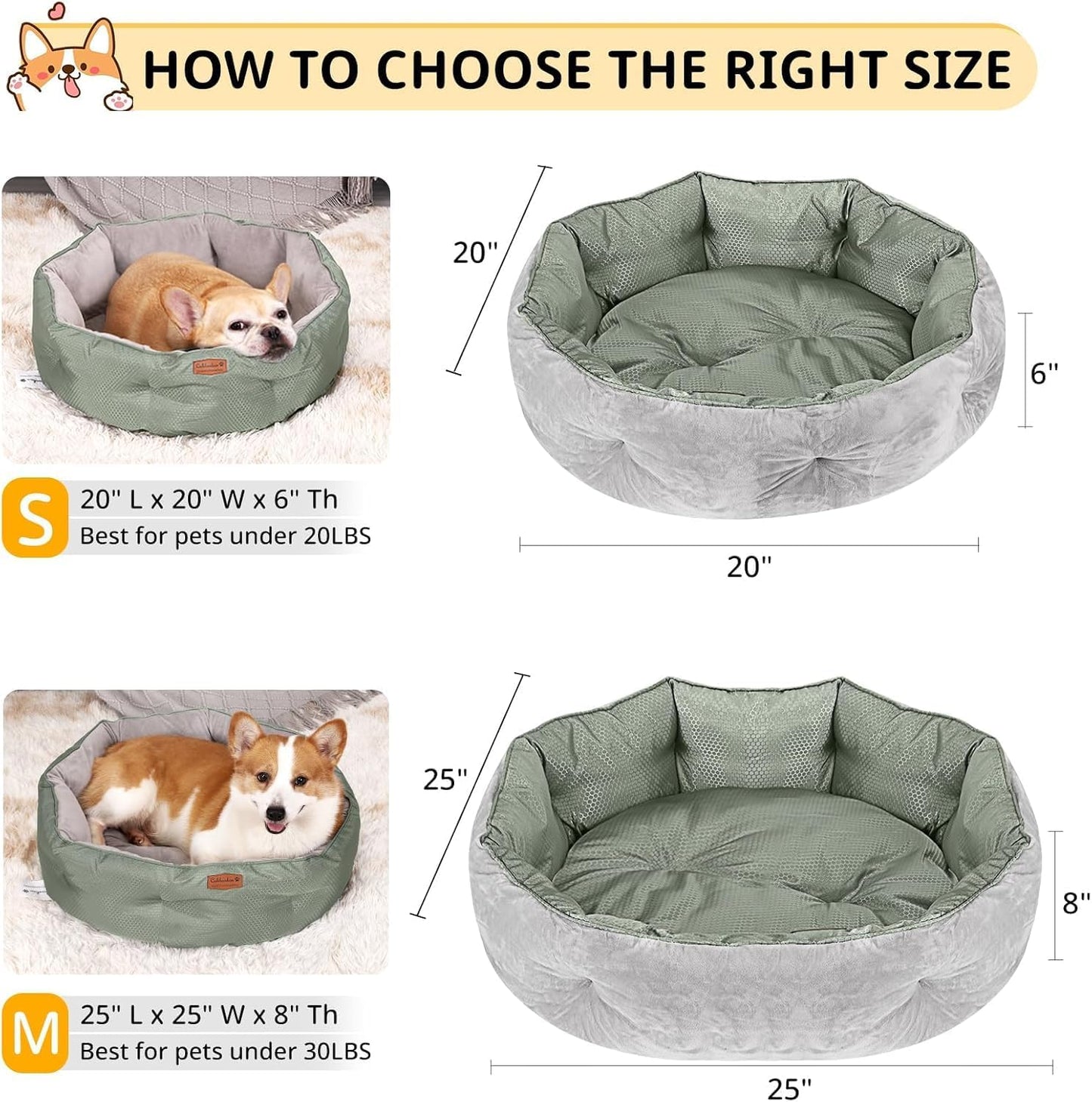 Dual-Sided Pet Bed, Reversible Dog Bed for Small Dogs & Cats with Removable Washable Cover, Warm Plush & Cool Oxford Fabric, Non-Slip Bottom, Grey 20x20 Inch
