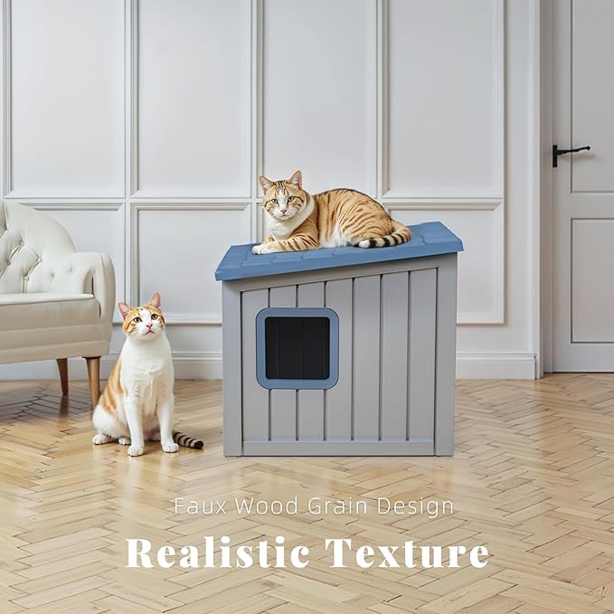 DRATO Outdoor Cat House,Waterproof PP Material Cat Houses for Feral Cats,Robust and Easy to Assemble,Feral Cat Shelter for Winter,Suitable for Cats, Rabbits and Other Small Animals (Blue, Small)