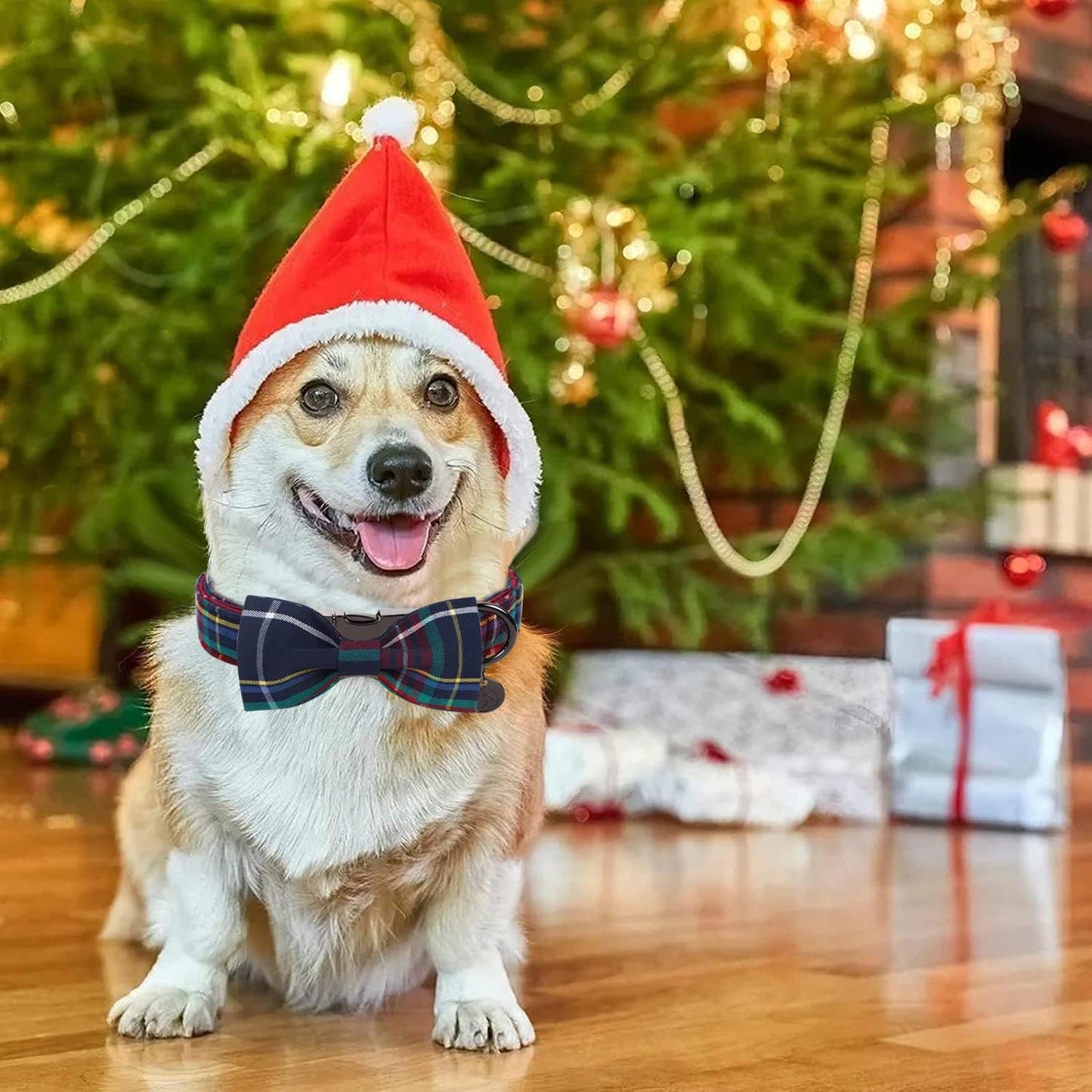 DOGWONG Christmas Dog Collar with Bow tie, Red Blue Plaid Gingham Dog Collar Soft Durable Adjustable Cotton Blue Tartan Puppy Collar for Small Medium Large Dog