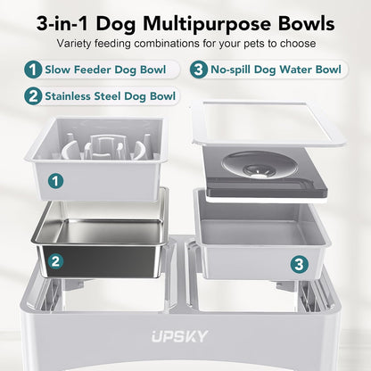 UPSKY 3-in-1 Elevated Dog Bowls: Slow Feeder, Adjustable Stand, No Spill Dispenser - Stainless Steel Food & Water Bowl for Small to Medium Dogs, White
